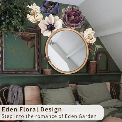 Fabric Peel and Stick Floral Wall Decal, Self-Adhesive Peony Flowers Wallpaper, Rose Sticker for Living Room Bedroom Wall Decor, Eden Garden A-3 PCs