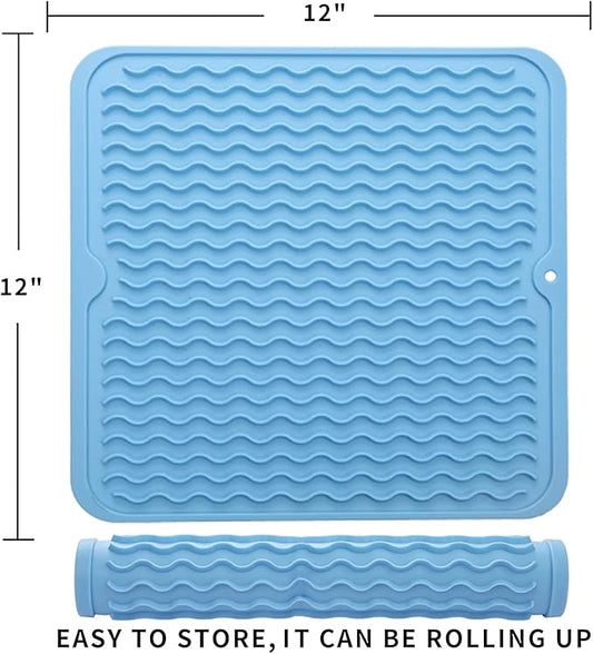 MicoYang Silicone Dish Drying Mat for Multiple Usage,Easy clean,Eco-friendly,Heat-resistant Silicone Mat for Kitchen Counter or Sink,Refrigerator or Drawer liner Light Blue M 12 inches x 12 inches