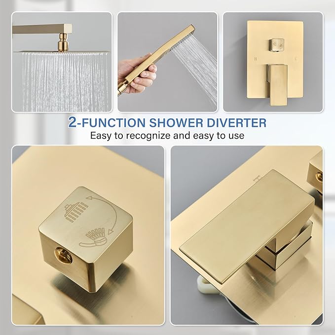 Shower Faucet Rain Shower System with 8 Inches Rainfall Shower Head and Handheld Spray Combo Bathroom Shower Faucet Set Complete Brushed Gold Shower Valve and Trim Kit Wall Mounted