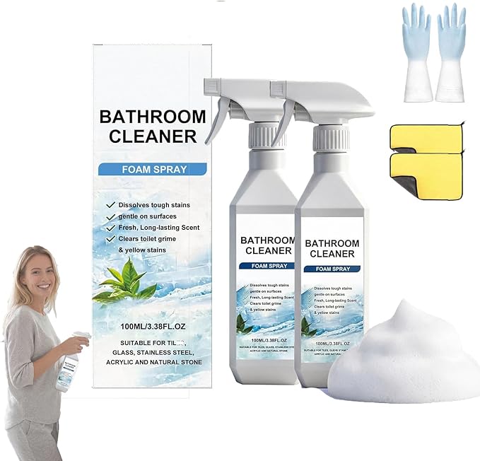 2026 Scale Remover Bathroom Cleaner,3.38oz Bathroom Cleaner Foam Spray,Powerful Bathroom Descaler Foam Cleaner,Multi-Surface Shower Foame,for Tiles,Glass,Stainless Steel,Toilets,Natural Stone (2)