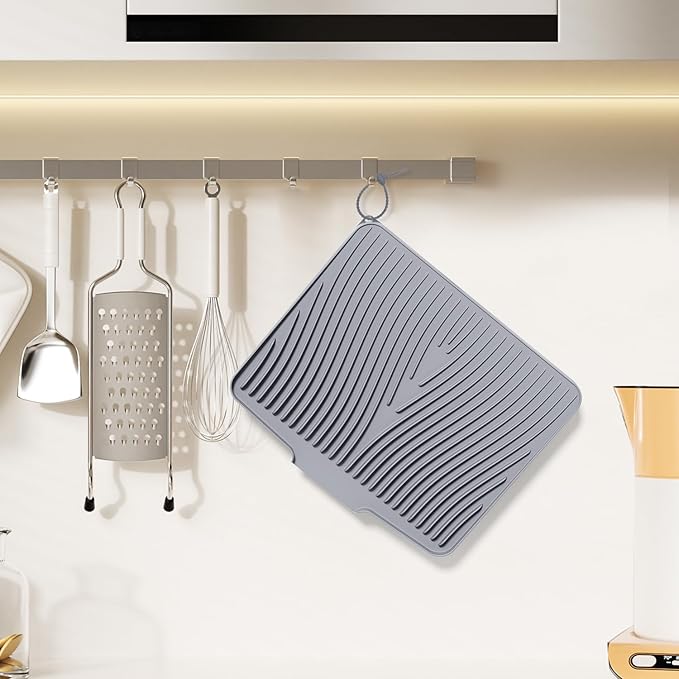 Silicone Dish Drying Mat for Kitchen Counter, Dish Drying Pad, Non-Slip Drain Pad with Built-in Drain, Heat Resistant Stone Drying Mat,Grey-2pcs