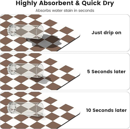 12" x 20" Checkered Dish Drying Mat for Kitchen Counter, Absorbent Coffee Bar Mat for Espresso Machine Coffee Countertops Accessories (Coffee Brown)