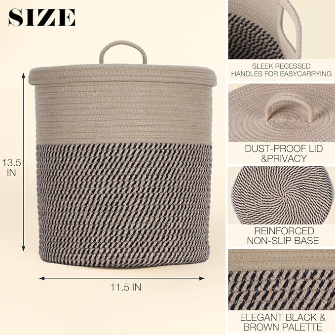 Yimi's Dream Cotton Rope Basket with Lid – Soft Storage Bin for Home Organization, Brown & Brown‑Black Pattern, Sturdy, Lightweight & Stylish, 11.5″ Round x 13.5″ High