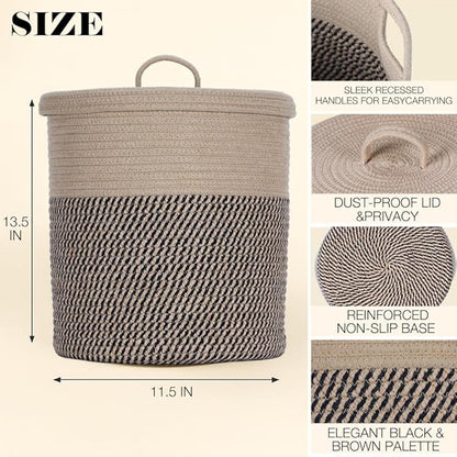 Yimi's Dream Cotton Rope Basket with Lid – Soft Storage Bin for Home Organization, Brown & Brown‑Black Pattern, Sturdy, Lightweight & Stylish, 11.5″ Round x 13.5″ High