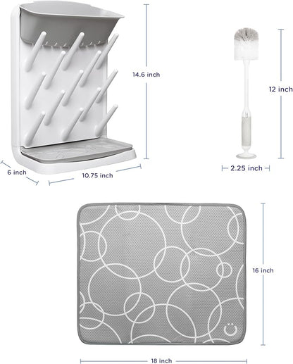 Ubbi Vertical Spacing Saving Bottle Drying Rack with 13 Pegs, 2-in-1 Bottle Brush & Microfiber Drying Mat Bundle, Newborn Baby Essentials, Baby Registry Must Haves, New Parent Gifts, Gray