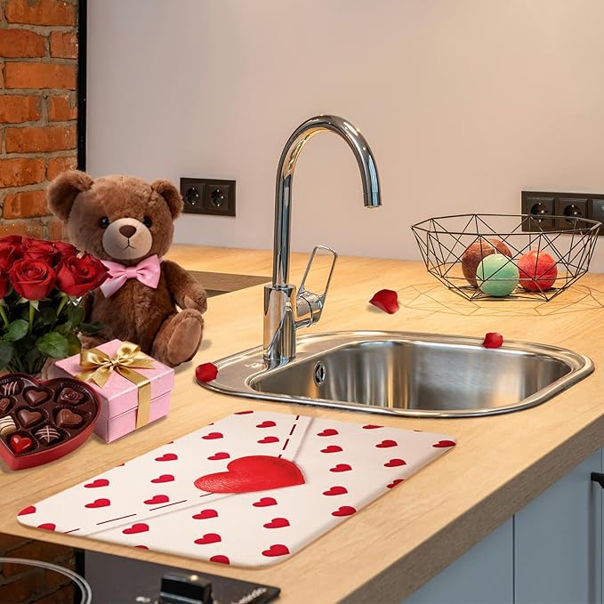Valentine Dish Drying Mat, Ultra Absorbent Valentines Day Drying Mat for Kitchen Counter, Coffee Maker, 18 x 24 Inch