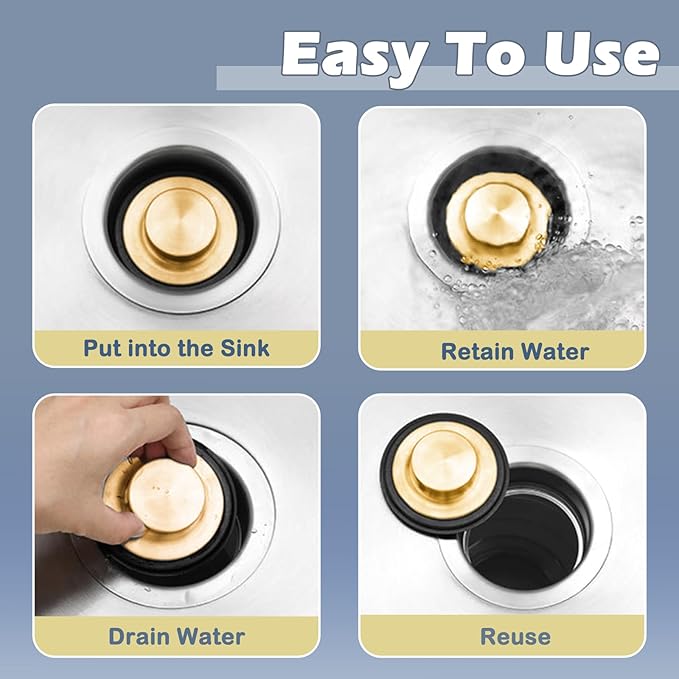 2 Pack 3 3/8 inch (86 mm) Stainless Steel Sink Stopper, Kitchen Garbage Disposal Plug with Wide Rim, Fits Standard 3.5 Inch Drains, Durable and Rustproof - Gold