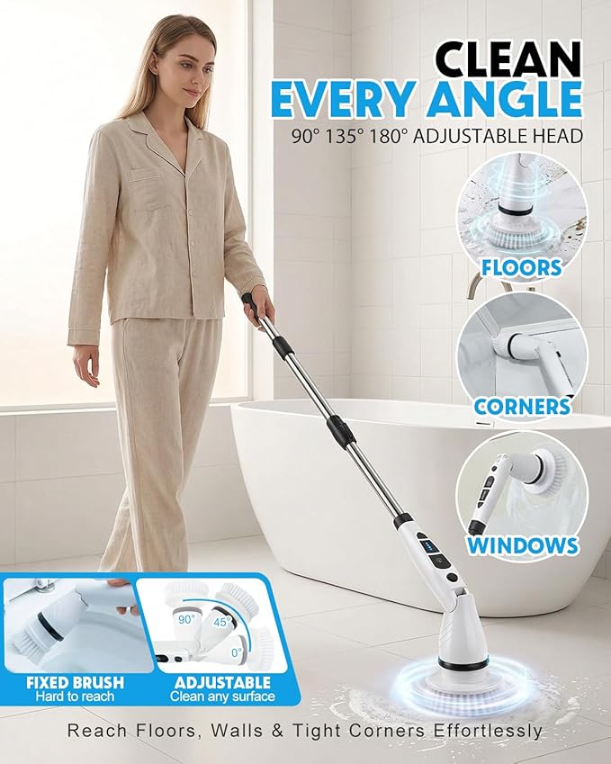 Electric Spin Scrubber, Shower Scrubber with Long Handle, 7 Brush Heads, 2-Speed Cordless Bathroom Cleaning Brush, 54in Extendable Electric Cleaning Brush for Tub, Floor, Kitchen & Barbecue Grill