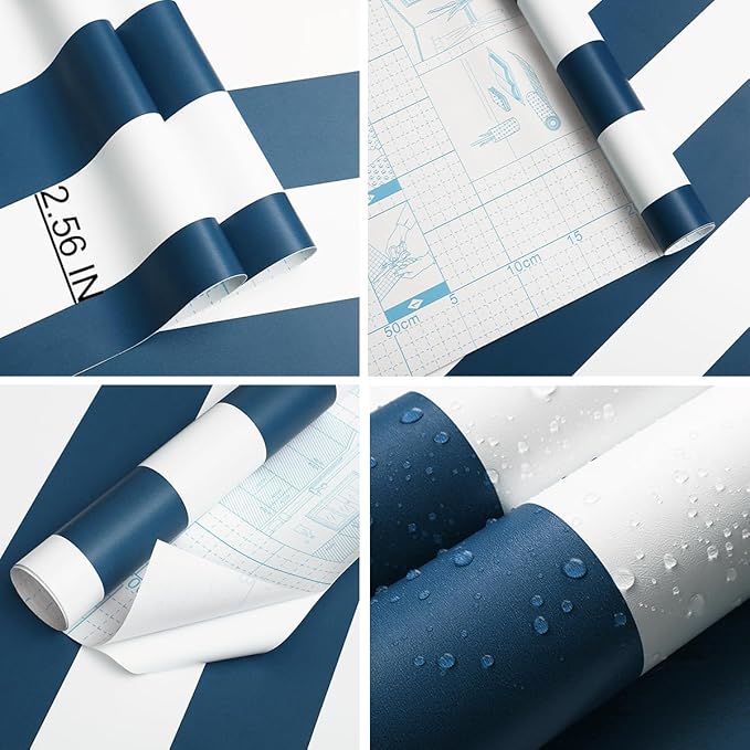 Guvana 17.7"x197" Navy Blue Wallpaper Striped Peel and Stick Wallpaper Blue and White Contact Paper Modern Self-Adhesive Removable Wall Paper for Bedroom Livingroom Decor