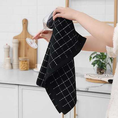 Homaxy 100% Cotton Terry Kitchen Towels(Black, 20 x 28 inches), Checkered Designed, Soft and Super Absorbent Dish Towels, Large 6 Pack
