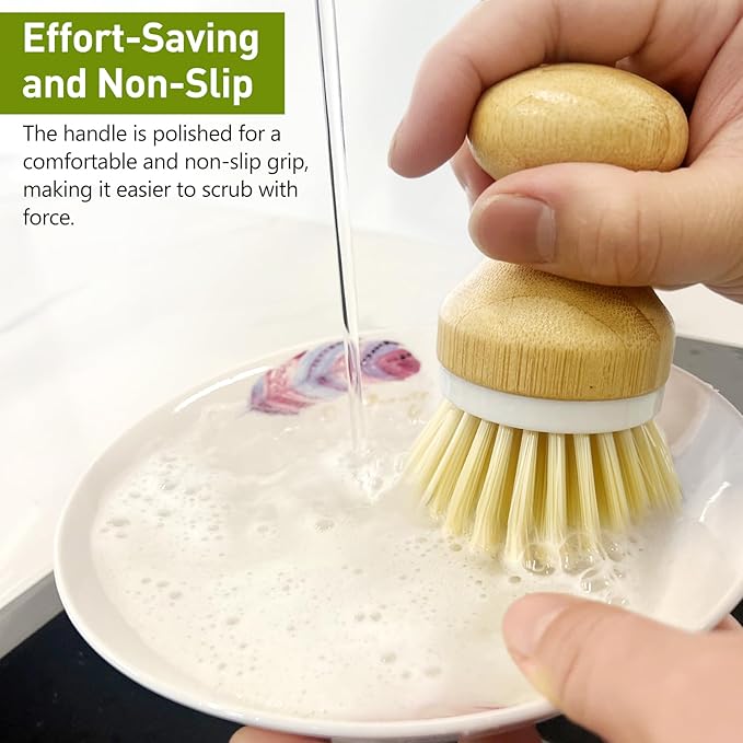Kitchen Dish Brush, Natural Bamboo Dishwashing Scrubber for Cleaning Dishes, Pots, and Pans with Hanging Rope