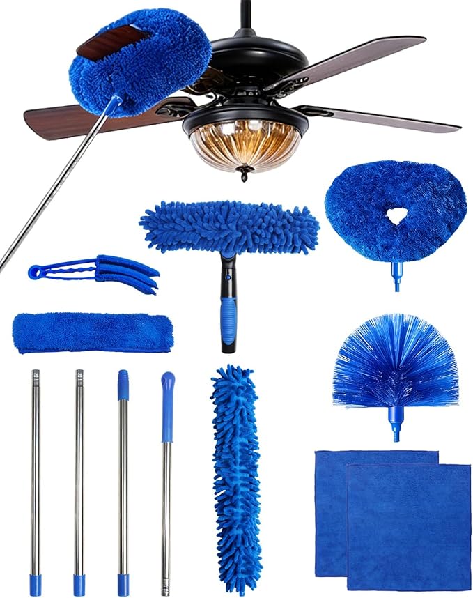 Ceiling Fan Duster Cleaning Kit with 75 Inch Extension Pole, Long Handle Microfiber & Chenille Dusters for High Ceiling Fan Blades, Blinds, Walls, Window Glass Cleaner, Cleaning Tools Set