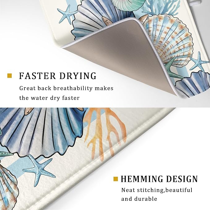Sea Shell Starfish Summer Dish Drying Pad 18 x 24 Inch With Absorbent Reversible Microfiber Coastal Ocean Drying Mats Dish Drainer Mat Fast Dry For Kitchen Dining Room Decoration