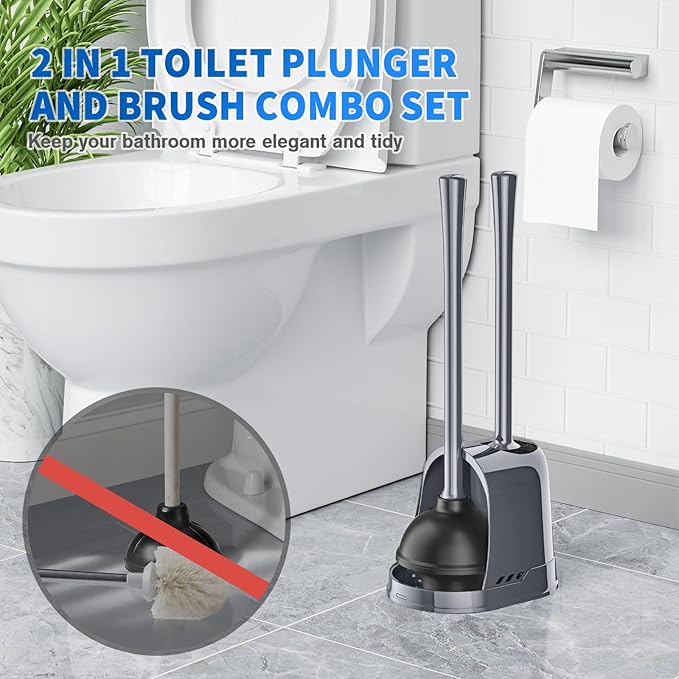 Toilet Plunger and Brush, Silicone Bowl Brush and Heavy Duty Toilet Plunger Set with Ventilated Holder, 2-in-1 Toilet Brush and Plunger Combo for 5.3-inch Bathroom Cleaning (Gray, 1 Set)