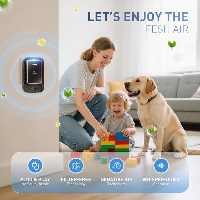 Air Ionizers for Home – Plug in Air Purifier for Home & Cat Litter Deodorizer, Filterless Ion Generator Removes Pet, Smoke, Bathroom & Kitchen Odors, Compact Deodorizer for Bedroom