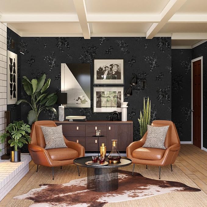 Black Peel and Stick Wallpaper 787.4inL17.3inW Silk Embossed Floral Contact Paper for Cabinets Drawer Furniture Textured Flower Removable Wallpaper for Kitchen Bathroom Waterproof