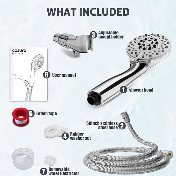 High Pressure Shower Head with Powerful Shower Spray & 59'' Stainless Steel Hose, 5 Spray Modes, Adjustable Bracket and Non-Clogging Nozzles（Black）