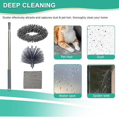 Ceiling Fan Cleaner Duster, Cobweb Duster with Extension Pole, Washable and Reusable Microfiber Duster Set for Cleaning Ceiling Fan, High Ceilings, Walls, Bookshelves, Window Door Top, Cobwebs (Gray)