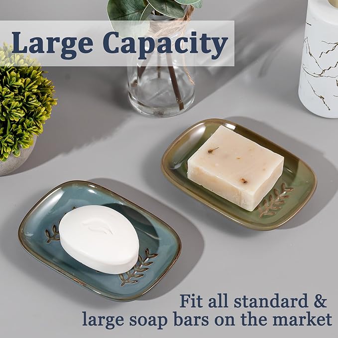 HighHerz Aesthetic Ceramic Soap Dish for Shower, Soap Holder with Raised Relief, Shower Soap Dish for Shampoo Bar Or Sponge, Soap Saver for Bathroom, Kitchen, Sink, Decorative Soap Tray (Green)