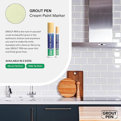 Grout Pen Cream Tile Paint Marker: Waterproof Grout Paint, Tile Grout Colorant and Sealer Pen - Narrow 5mm, 2 Pack with Extra Tips (7mL) - Cream