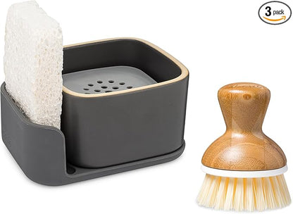 Full Circle Bubble Up Combo — Family Safe, Formaldehyde-Free – Gray Ceramic Soap Dish with Plant-Based Sponge & Bamboo Dish Brush – Versatile Kitchen Scrub Brush Set for Pots, Pans, Counter & Ovens