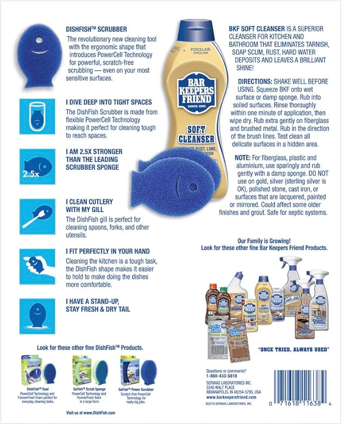 Bar Keepers Friend Ultimate Cleaning Kit | Soft Cleanser Liquid (26 OZ) & Two DishFish Scrubbers | Multipurpose, Stainless Steel, Rust, Soft Cleaner with Heavy Duty Non Scratch DishFish Scrubbers