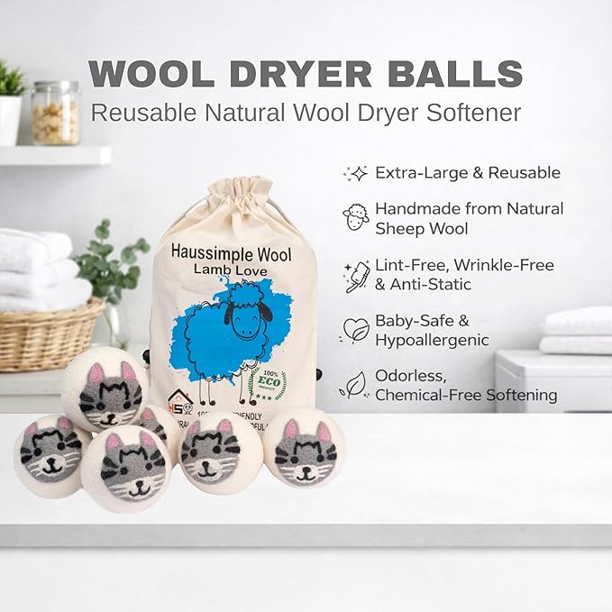Wool Dryer Balls Organic Felt 6 Pack Laundry Fabric Softener, Extra Large Reusable Handmade Natural Sheep Wool Lint Wrinkle Free Anti Static Baby Safe (Cat)