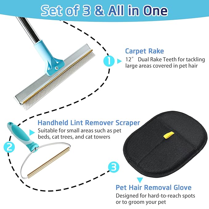 Carpet Rake for Pet Hair Removal Tool, Reusable Pet Hair Remover Broom with 54” Adjustable Long Handle, Cat Dog Hair Remover Carpet Scraper Broom with Copper Rake Teeth & TPU Brush for Rugs Mats Couch