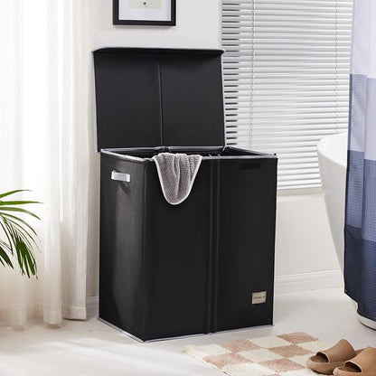 Dual Laundry Hamper with Lid and 2 Removable Liners, 145L Laundry Basket, 2 Sections for Easy Sorting, Collapsible Design, Dirty Clothes Hampers, Bedroom, Dorm, College, Black