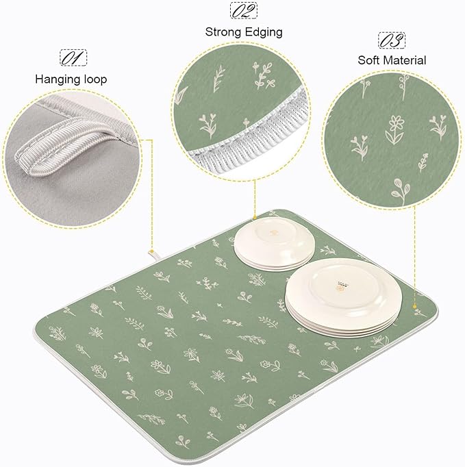 Sage Green Dish Drying Mat Quick Absorbent 18x24 Doodled Botany Flowers Leaves Herbs Plants Kitchen Drying Mat for Countertop Sink Reusable Dishes Mats Kitchen Essentials