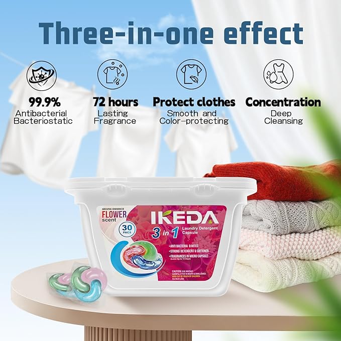 Laundry Pods, 3 in 1 Laundry Detergent Pods, Natural Laundry Sauce, Laundry Detergent Pacs & Powerful Stain Remover, Flower Scent, 30 Pack