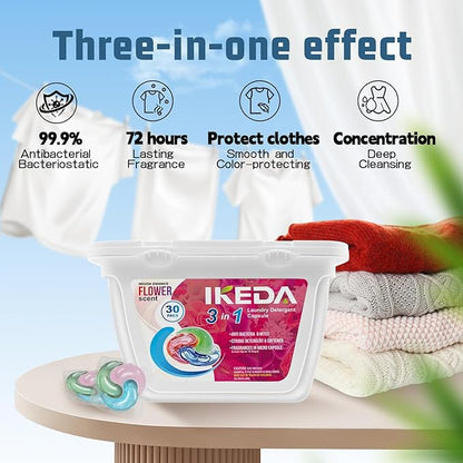 Laundry Pods, 3 in 1 Laundry Detergent Pods, Natural Laundry Sauce, Laundry Detergent Pacs & Powerful Stain Remover, Flower Scent, 30 Pack