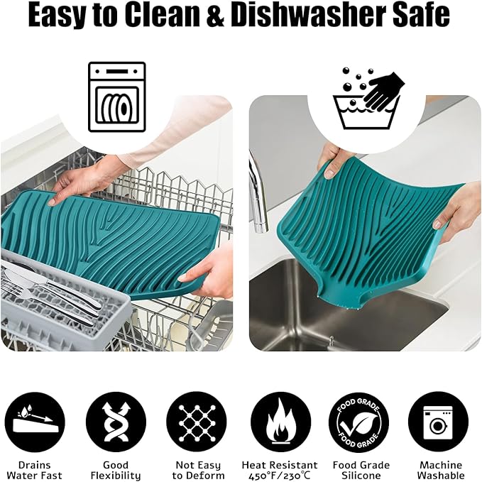 TIKNIK Silicone Dish Drying Mat, Stone Drying Mat for Kitchen Counter with Built-In Drain, Non-Slip Drain Pad with Built-in Drain, Heat Resistant Stone Drying Mat, 1Pcs 20" x 15", Green