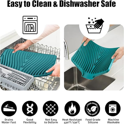TIKNIK Silicone Dish Drying Mat, Stone Drying Mat for Kitchen Counter with Built-In Drain, Non-Slip Drain Pad with Built-in Drain, Heat Resistant Stone Drying Mat, 1Pcs 20" x 15", Green