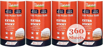 4 inch Lint Roller Refills Only for Scotch Brite, Everyday Clean Lint Roller Refills 4 Pack, Pet Hair Pickup Extra Sticky 90 Sheets per Refill, 360 Adhesive Sheets Total (1 3/4 inch Inside Diameter)