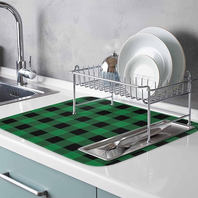 Dish Drying Mat Green Black Check Plaid Drying Mats for Kitchen Counter Farmhouse Style Absorbent Microfiber Dish Drainer Quick Drying Coffee Mat with Hanging Loop, 18 x24 inch