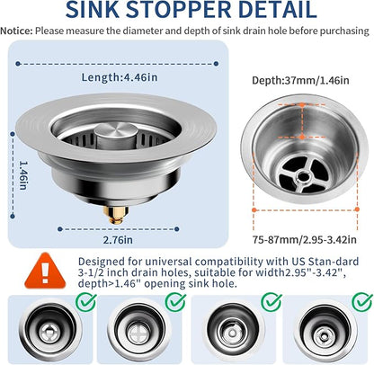 3-in-1 Kitchen Sink Drain Strainer - Pop Up Sink Stopper, Stainless Steel Sink Drain Strainer, Kitchen Sink Stopper & Drain Plug with Anti-Clogging Basket,Sink Strainer Fits US Standard 3-1/2'' Drains