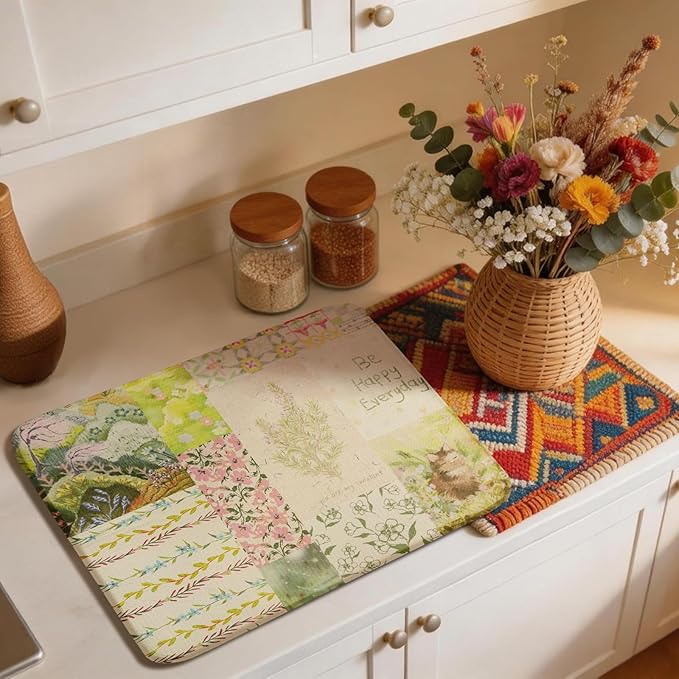 Floral Dish Drying Mat, Ultra Absorbent Microfiber Dish Drainer Mat Sage Green Plant Drying Mats for Kitchen Counter, Coffee Maker, 18 x 24 Inch