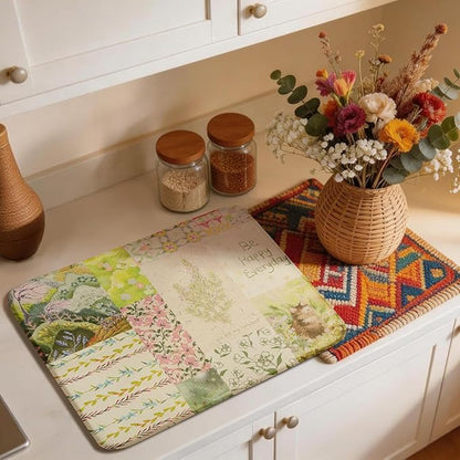 Floral Dish Drying Mat, Ultra Absorbent Microfiber Dish Drainer Mat Sage Green Plant Drying Mats for Kitchen Counter, Coffee Maker, 18 x 24 Inch