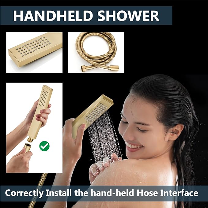 Aolemi Ceiling Mount Shower System Rain Shower Head with Handheld Spray High Pressure Shower Faucet Set Rough-in Valve Shower Trim Kit Included Bathroom Brushed Gold 10 Inch Ceiling Shower Head