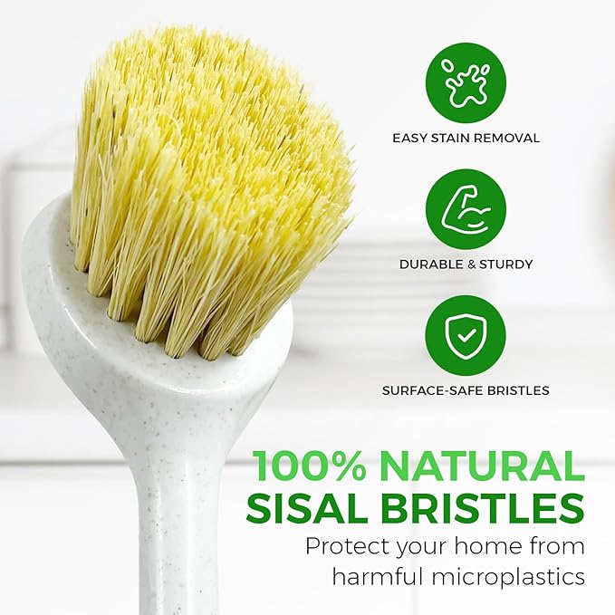 Bamboo Dish Brush Set of 2 - Dishwasher Brush w/Handle Made of Wheat Straw & Sisal Bristles - Non Scratch Kitchen Scrub Brush for Dishes, Pots & Pans - Dish Scrubber w/Plastic Free Bristles
