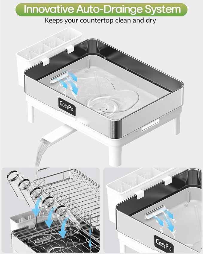 2 Tier Dish Drying Rack, Thicker Premium 304 Stainless Steel Dish Racks for Kitchen Counter, Automatic Drainage Spout, Dish Drainer & Drainboard Set with Utensil Holder and Cup Holder, White