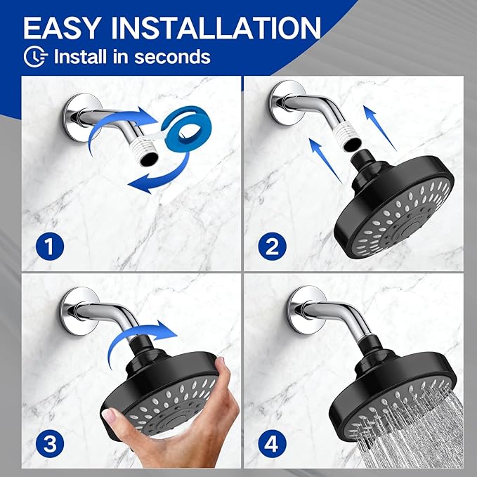High Pressure Shower Head - Adjustable Bathroom Fixed Rain Showerhead with Swivel Brass Ball Joint, Self-cleaning Nozzles (5-Mode, 4 Inch Black)