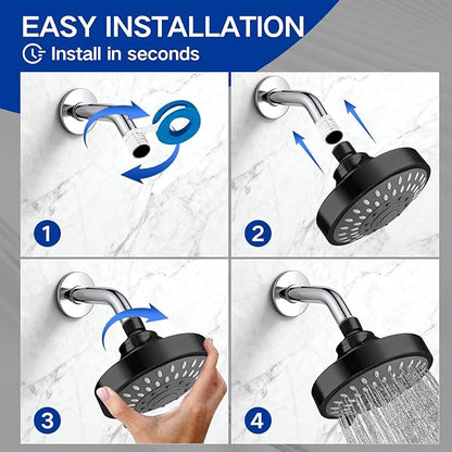 High Pressure Shower Head - Adjustable Bathroom Fixed Rain Showerhead with Swivel Brass Ball Joint, Self-cleaning Nozzles (5-Mode, 4 Inch Black)