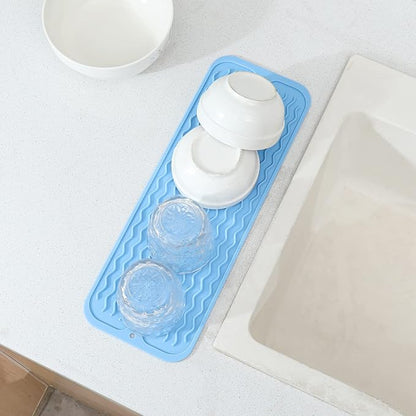 MicoYang Silicone Dish Drying Mat for Multiple Usage,Easy clean,Eco-friendly,Heat-resistant Silicone Mat for Kitchen Counter,Sink,Bar,Bottle,or Cup Light Blue M 17 inches x 6 inches