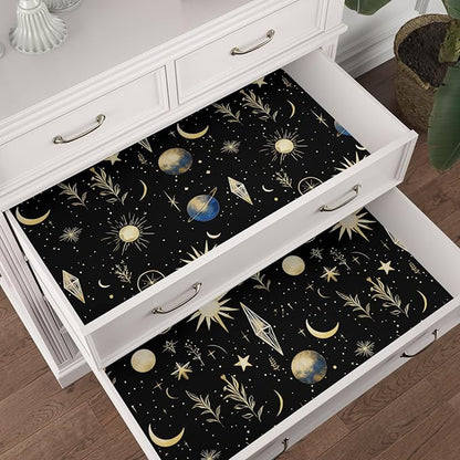 Extra Long Starry Night Black Wallpaper Peelable, 17.5" x 393" Vintage Black Gold Moon Stars Self-Adhesive Vinyl Contact Paper for Kids Bedroom, Living Room, Removable Celestial Wall Decor