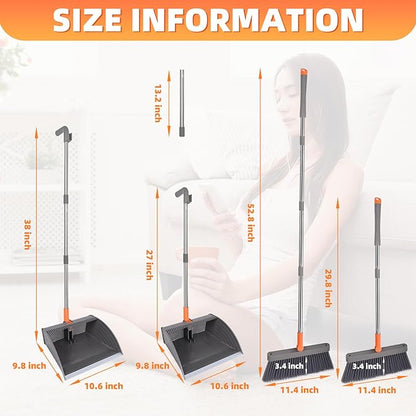 Broom and Dustpan Set, Self Cleaning with Metal Dustpan Teeth, Indoor&Outdoor Sweeping, Ideal for Dog Cat Pets Home Use, Stand Up Broom and Dustpan, Orange&Grey