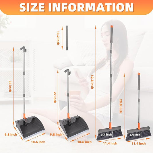 Broom and Dustpan Set, Self Cleaning with Metal Dustpan Teeth, Indoor&Outdoor Sweeping, Ideal for Dog Cat Pets Home Use, Stand Up Broom and Dustpan, Orange&Grey