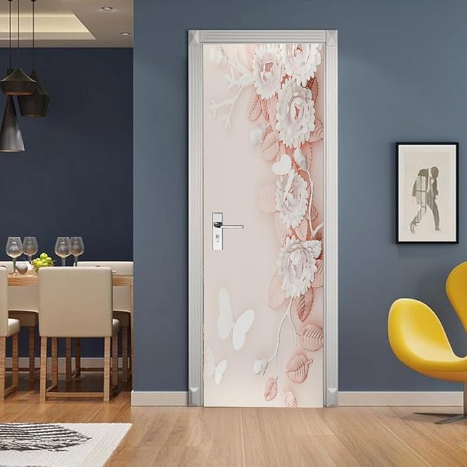 A.Monamour 3D Door Stickers for Interior Doors Pink White Flowers Floral Background Vinyl Waterproof Self Adhesive Door Mural Decals for Bedroom Office Bathroom 95x215cm