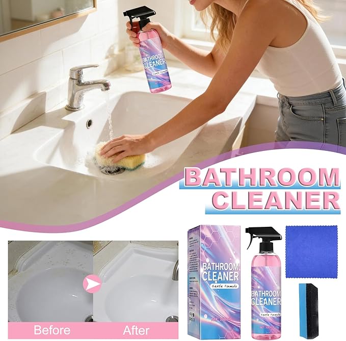 Bathroom Cleaner Gentle Formula Spray, 300ml with Cleaning Cloth and Sponge, Pink Liquid